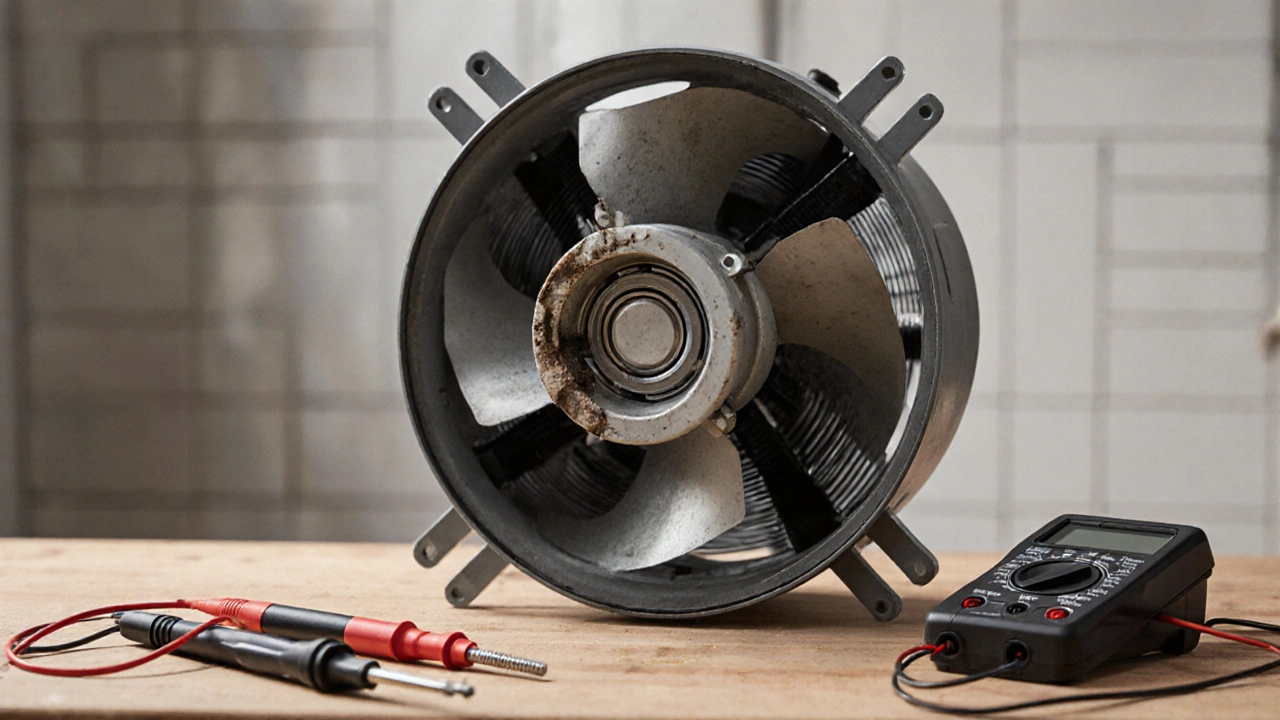 Open exhaust fan showing capacitor, motor, and blades with tools on a workbench.