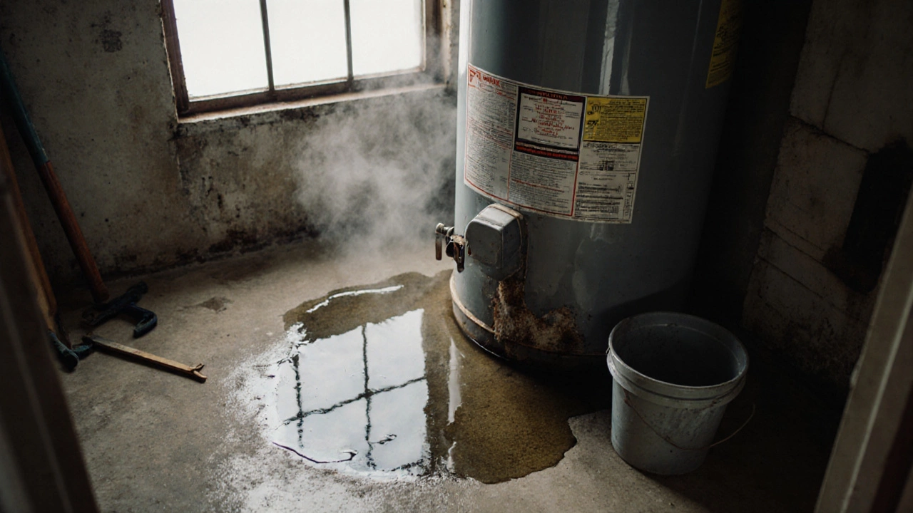 Puddle beneath an aging water heater in a damp laundry room.