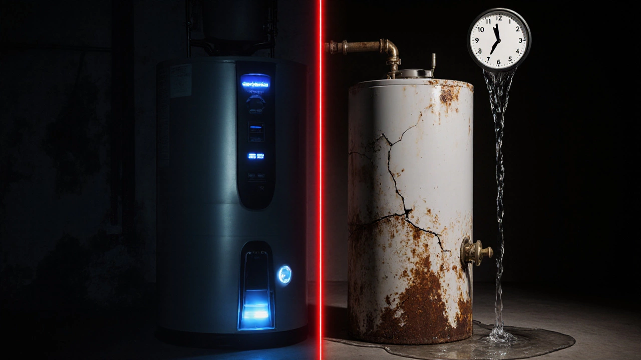 Side-by-side comparison of an old leaking water heater and a modern heat pump model with energy cost indicators.