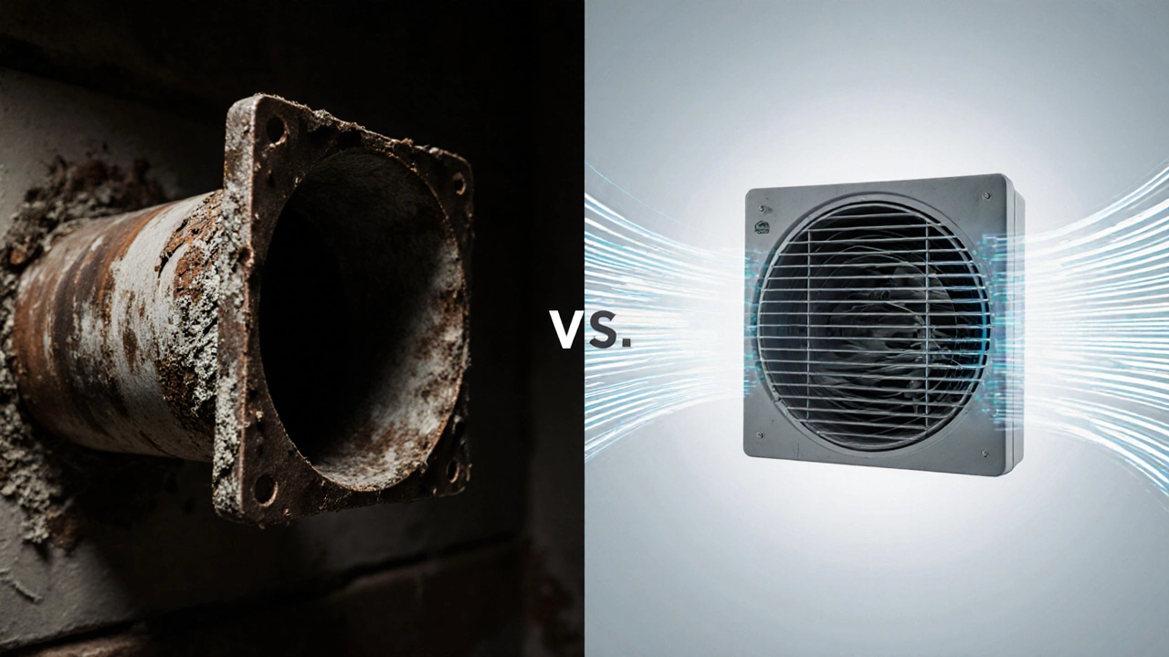 Split image: moldy broken fan vs. clean modern fan with airflow lines.