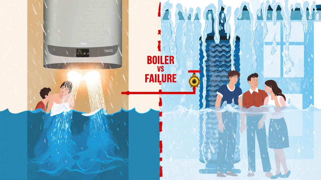 Split scene: one side shows warm shower, other side shows icy water as boiler fails, symbolizing loss of hot water.