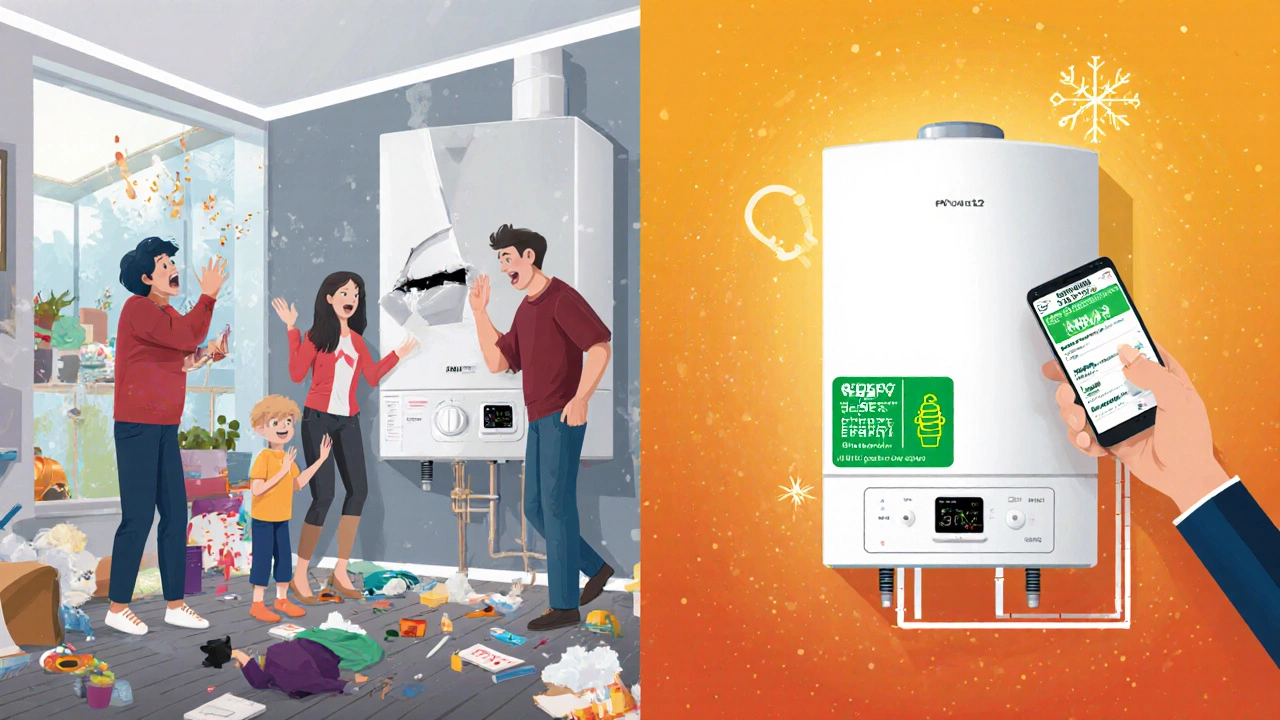 Split-screen: cold broken boiler vs. warm efficient modern boiler with smart controls.