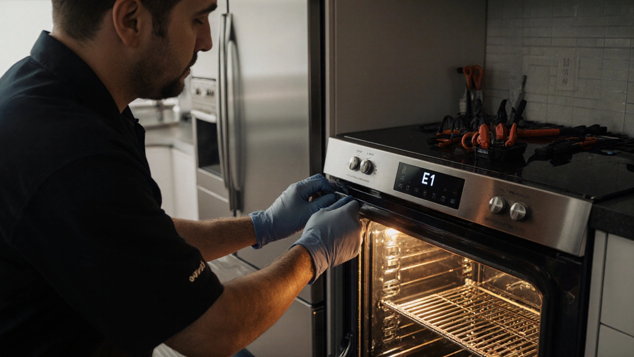 Technician installing a new control board in a high-end oven with tools nearby.