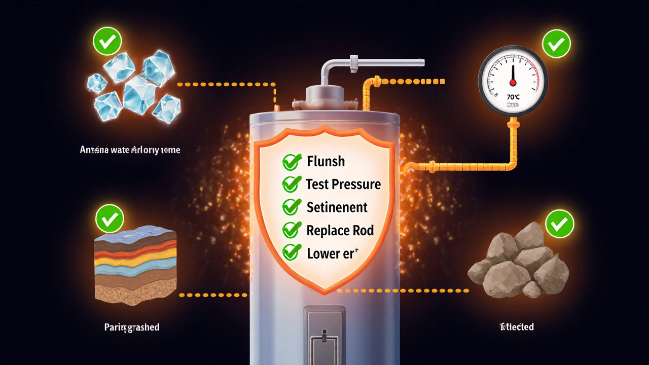 Water heater depicted as a heart with protective anode rod and maintenance checklist icons.