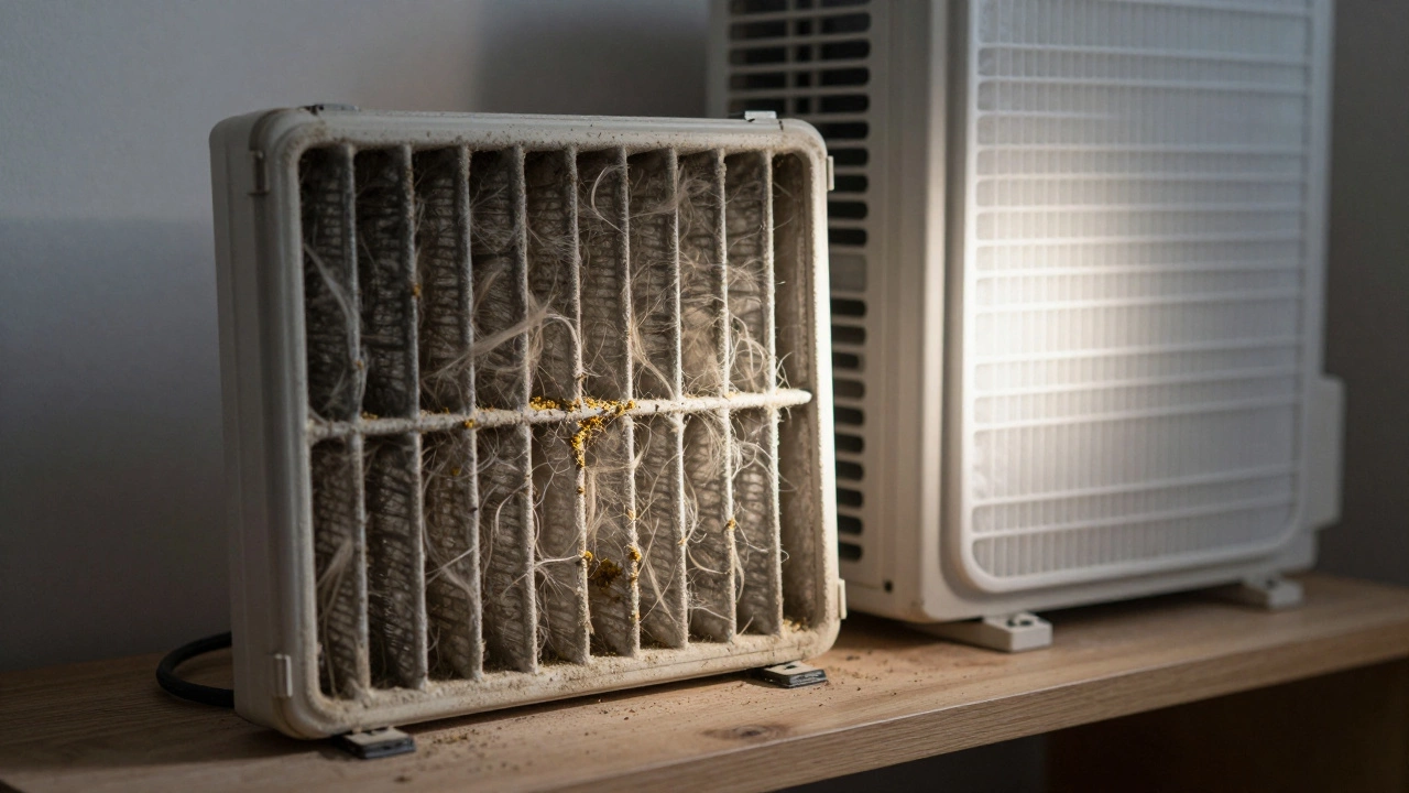 Clogged air filter covered in dust and pet hair next to a clean replacement filter.