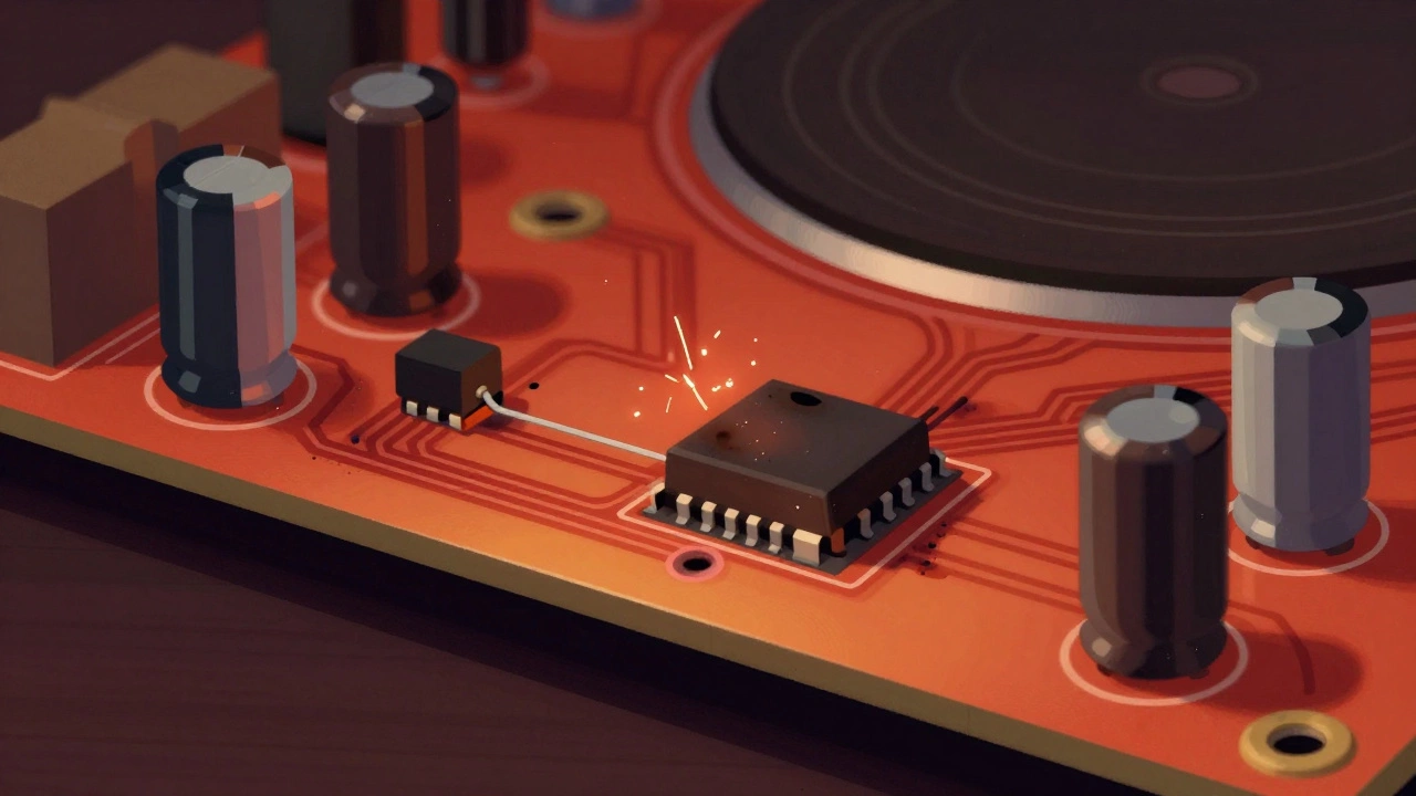 Close-up of damaged oven control board with scorch marks and bulging capacitors.