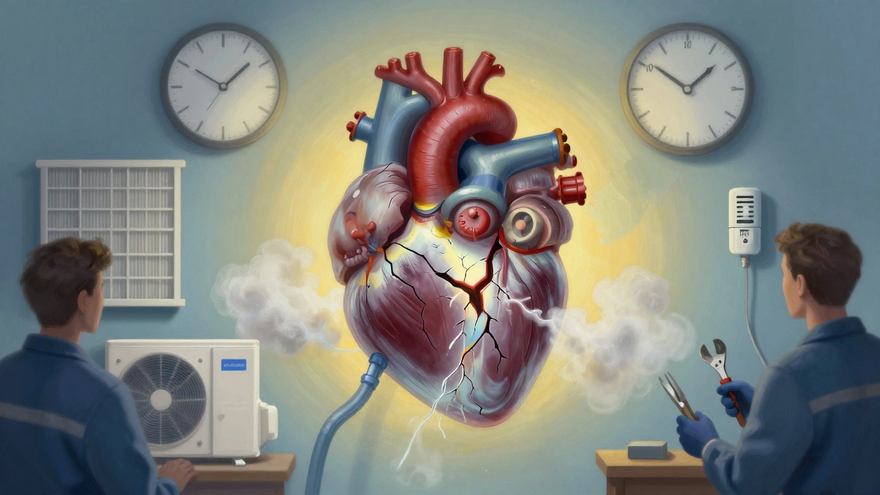 Compressor depicted as a failing heart, surrounded by signs of neglect and maintenance.
