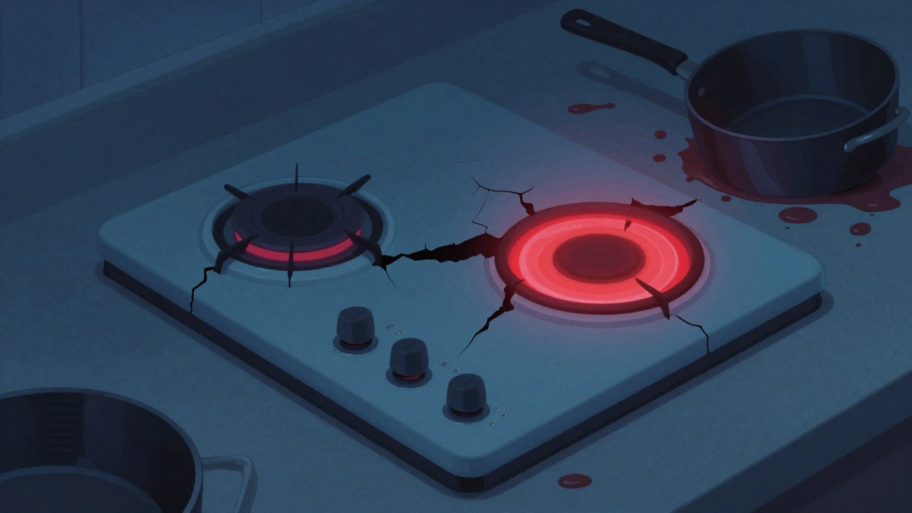 Cracked ceramic hob top with one active induction zone glowing red.