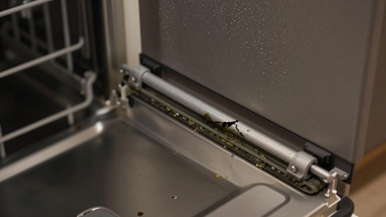 Cracked rubber door seal on a dishwasher with mold and food debris buildup.