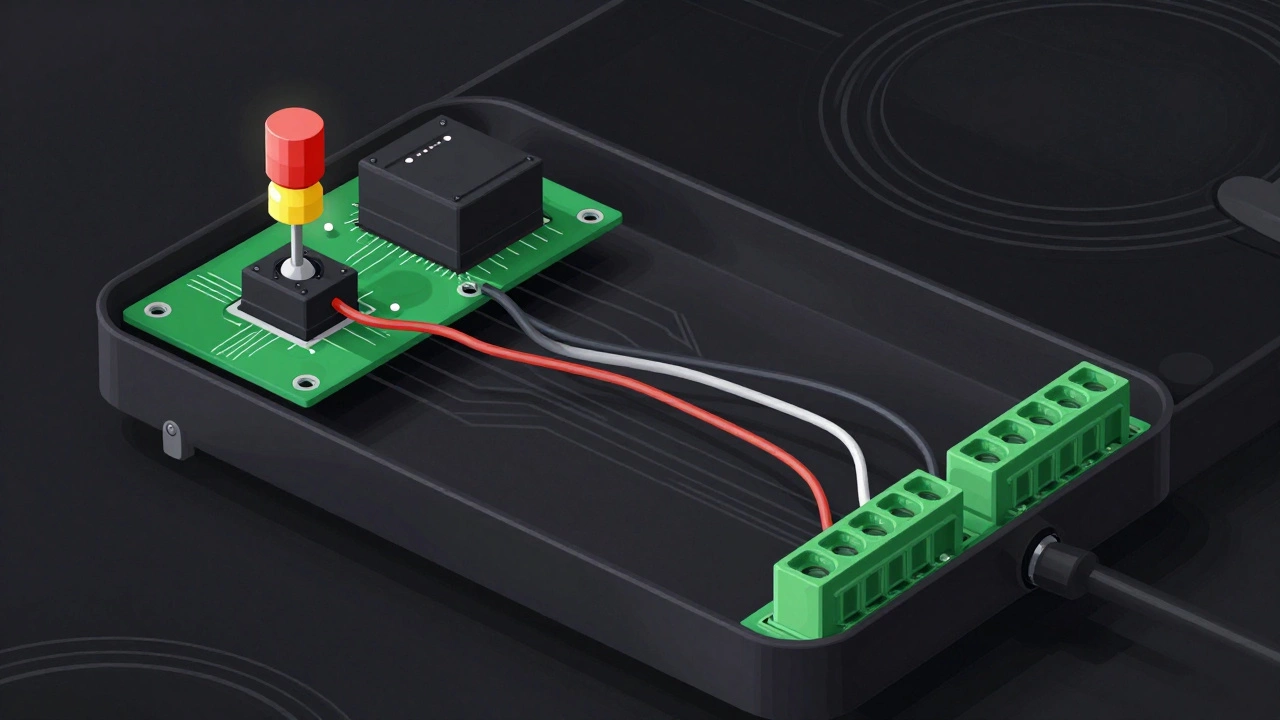 Cutaway technical illustration of electric hob internals with highlighted faulty relay and sensor