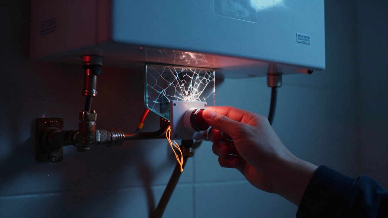 Hand hovering over a water heater reset button with visible damaged wiring.