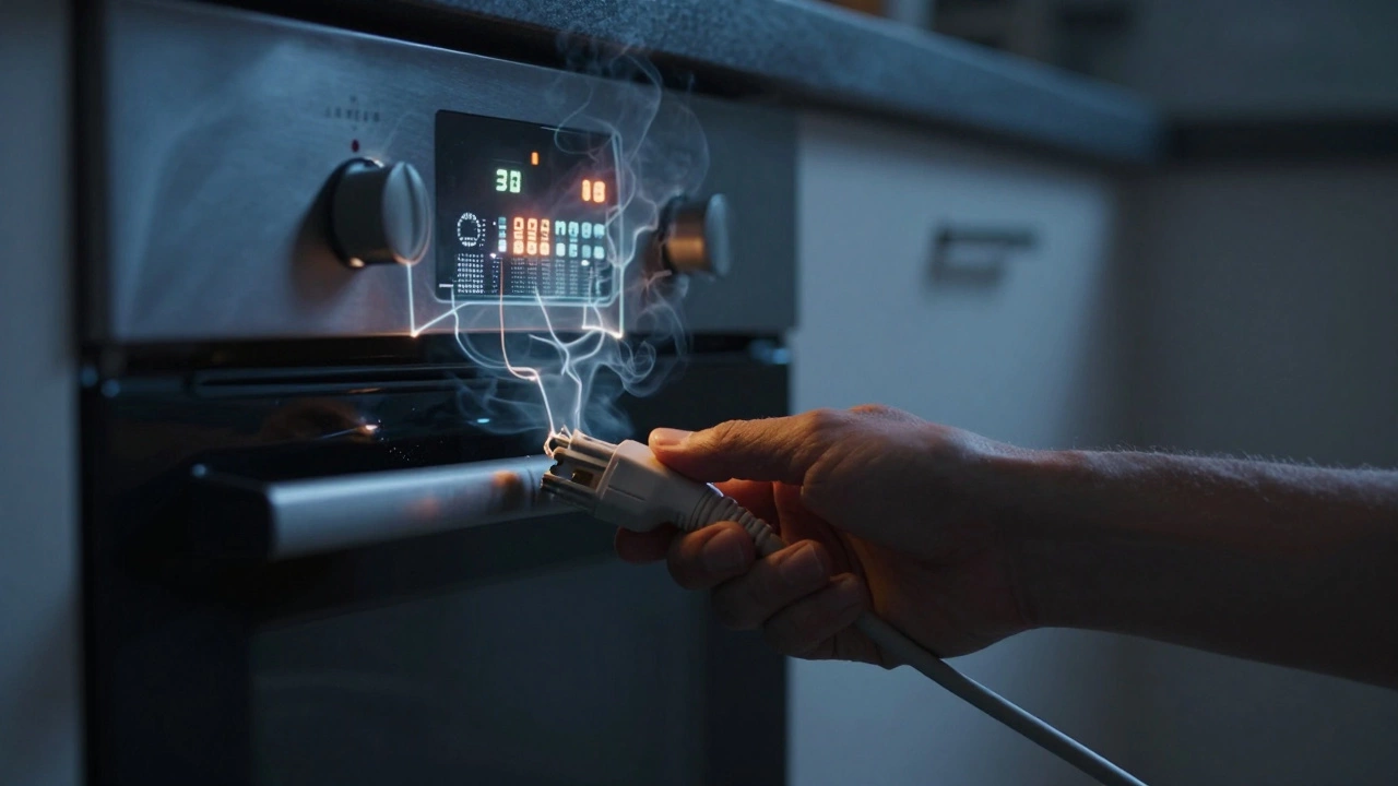 Hand unplugging oven as flickering display and ghostly control board outline appear.
