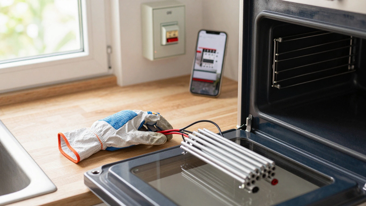 Hands installing a new oven element, wires being connected, with fuse box turned off in background.