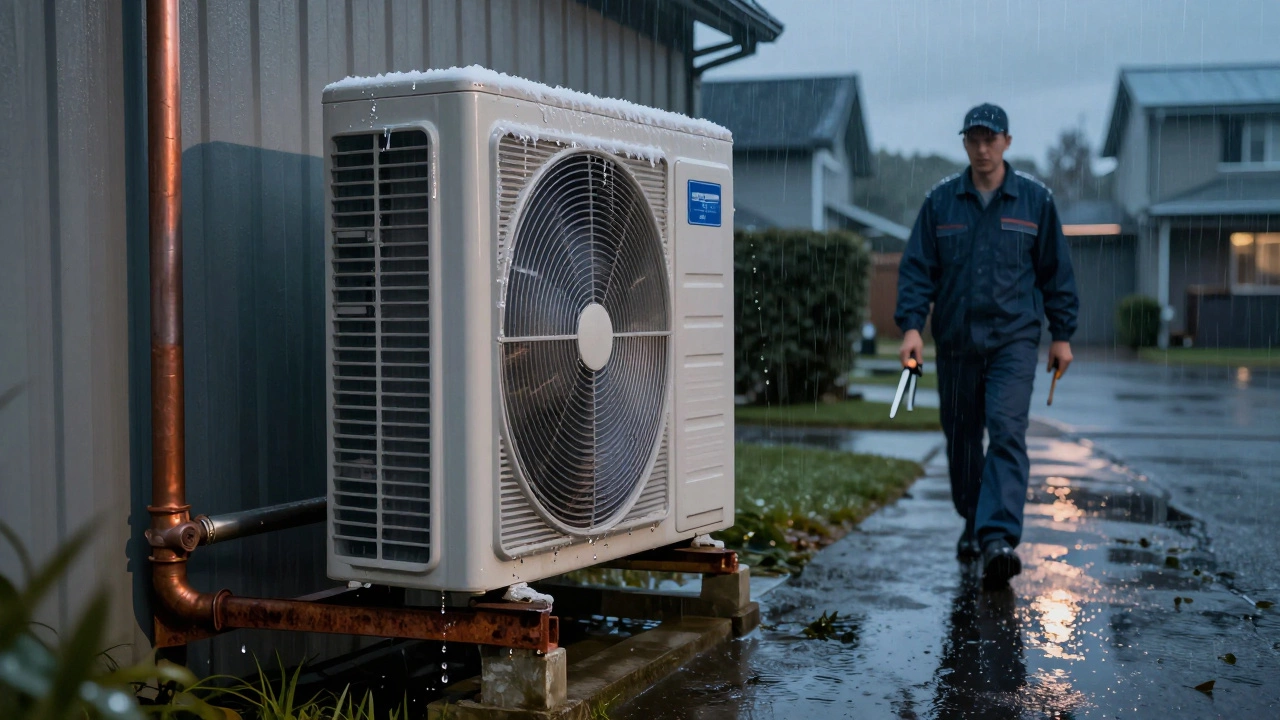 Heat pump outdoor unit covered in ice with refrigerant leaking from copper pipes.