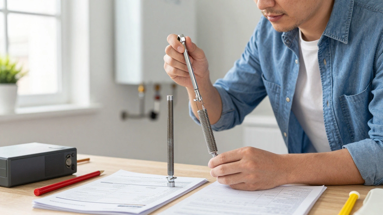 Homeowner comparing a new and old anode rod beside a water heater with tools on a workbench.