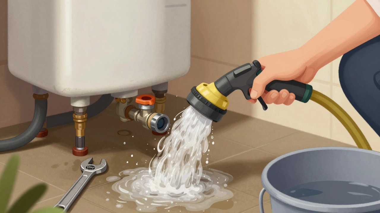 Homeowner flushing sediment from a water heater using a hose and bucket.