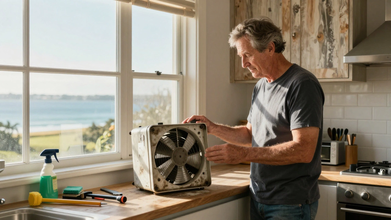 Homeowner holding a new extractor fan next to a dirty, dismantled old unit on a kitchen counter.