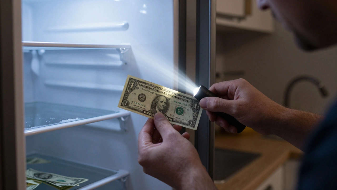 Homeowner testing fridge door seal with a dollar bill and flashlight revealing air leaks.
