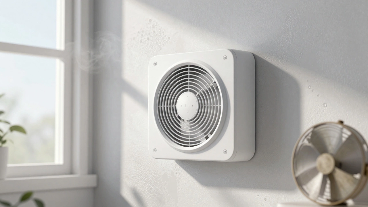 Modern extractor fan in clean bathroom with no mold or condensation.