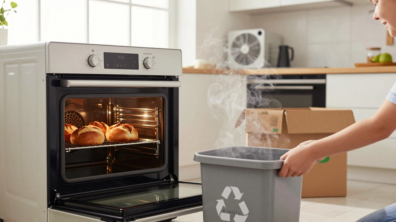 Old oven being recycled as a new one is unboxed, with bread baking in the background.