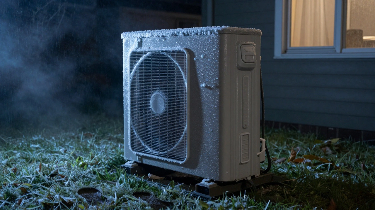 Outdoor heat pump unit covered in thick ice during a damp winter night.