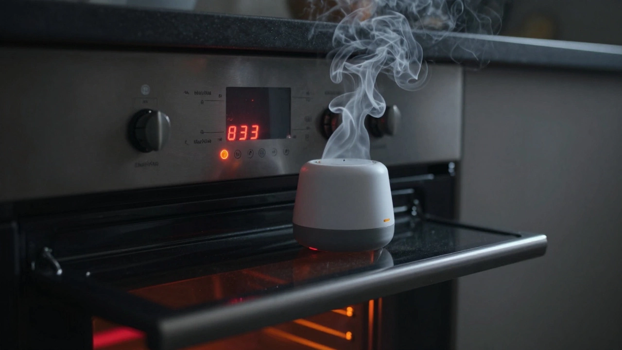 Oven control panel flickering with smoke rising, symbolizing electrical failure and overheating risk.