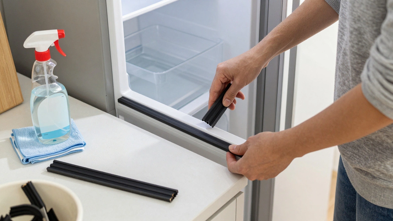 Person installing a new refrigerator door seal during a DIY repair.
