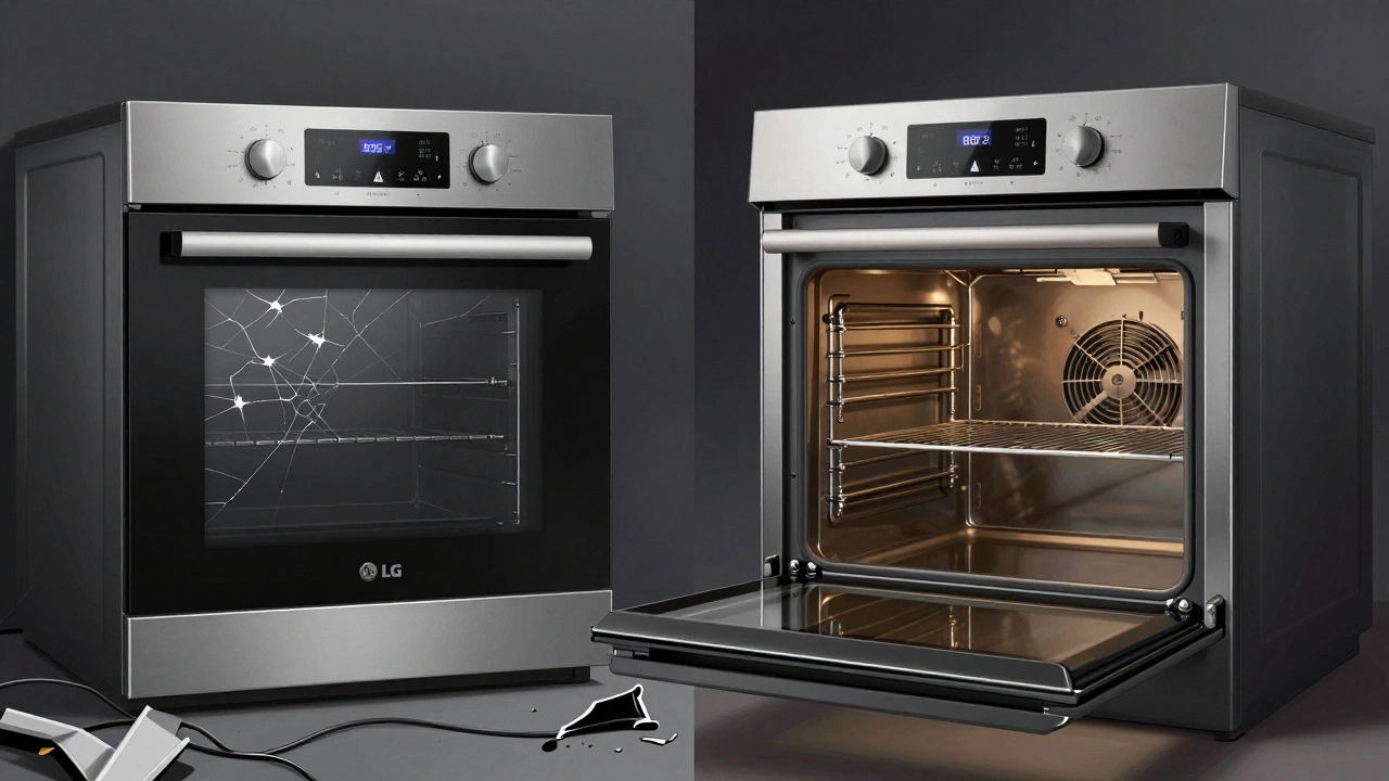 Side-by-side: a broken LG touchscreen oven versus a durable Bosch oven with intact components.