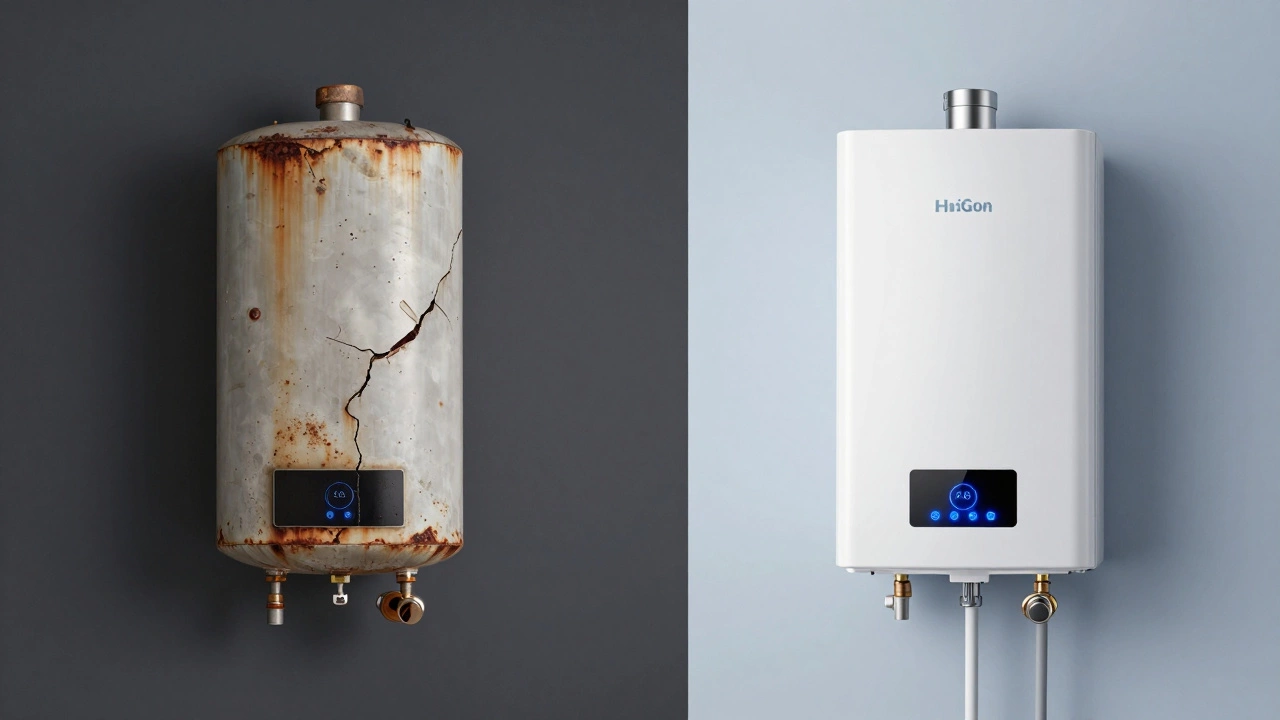 Split image comparing a corroded tank heater with a modern tankless unit.