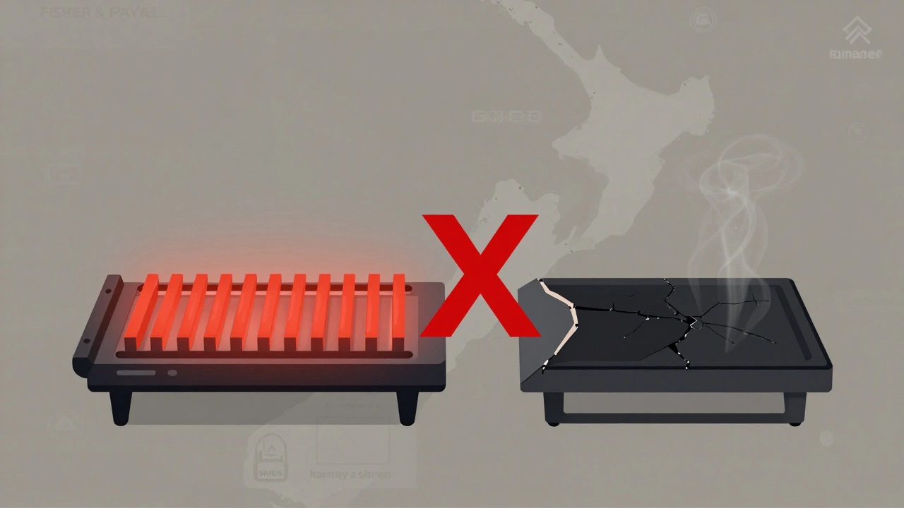 Split image comparing a working oven element to a failed one, with incorrect replacement marked by red X.
