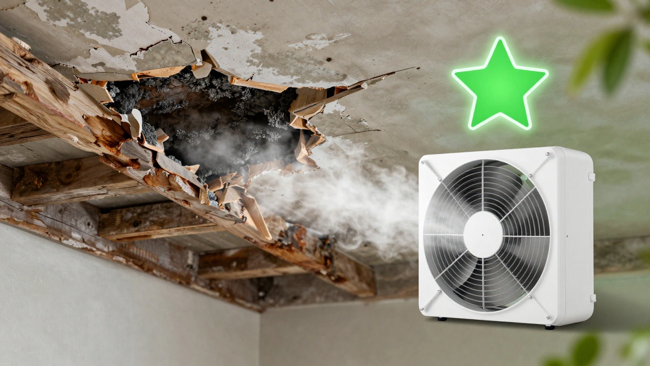 Split image: moldy ceiling vs. new fan venting steam outdoors.