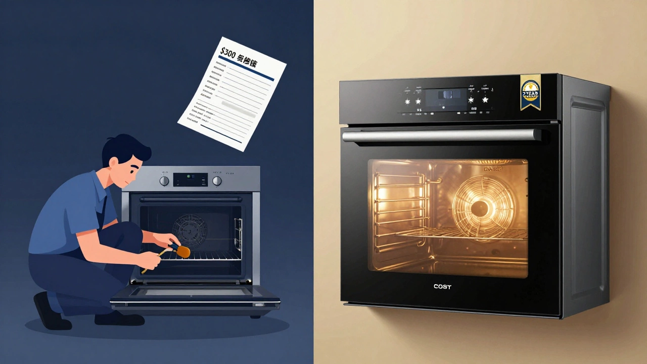 Split image: repair cost vs. new energy-efficient oven with warranty label.
