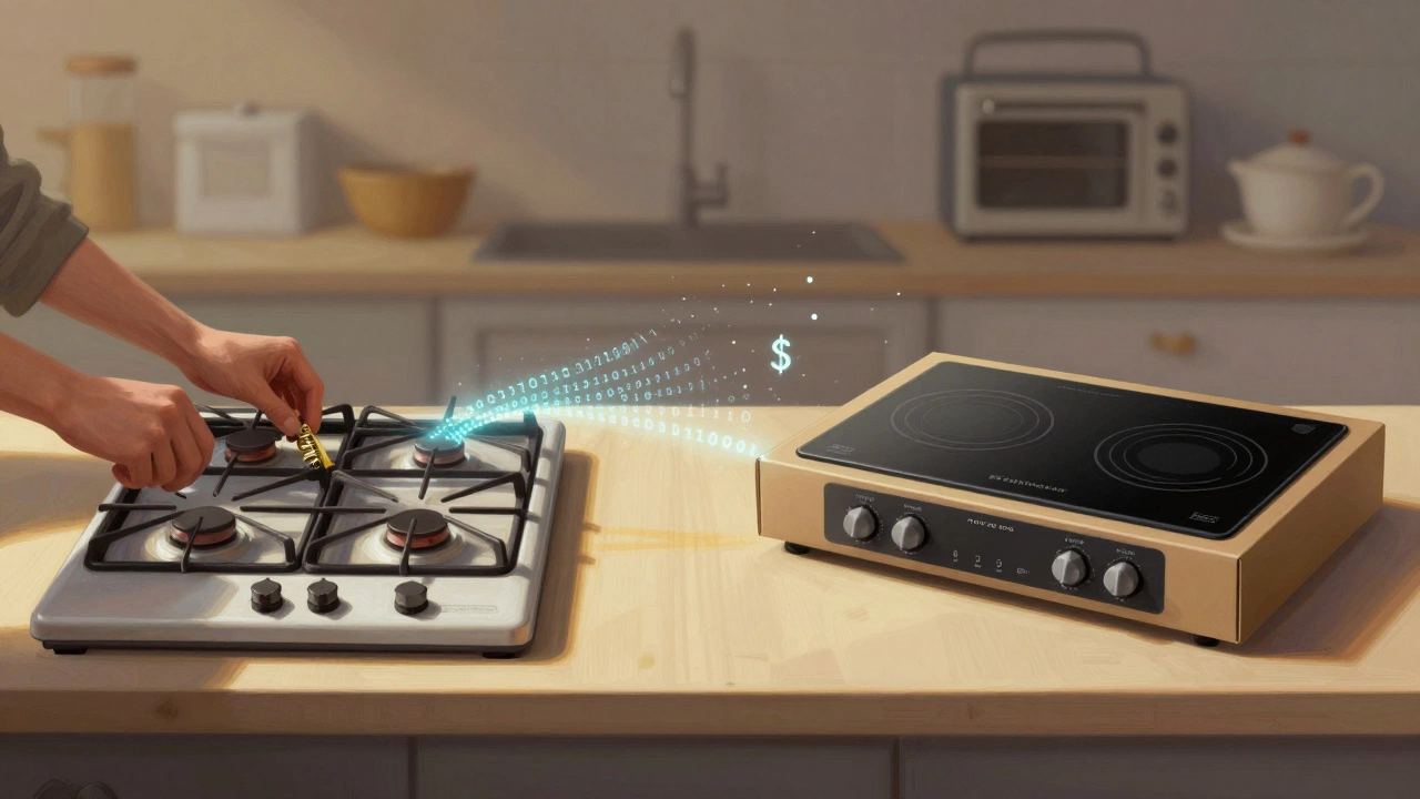 Split image: repairing an old gas hob vs. unboxing a new induction hob.