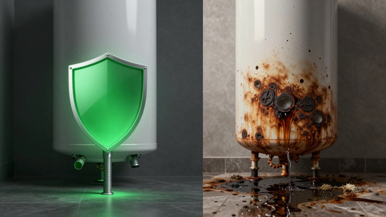 Split image: water heater protected by anode rod vs. same tank rusting and leaking internally.