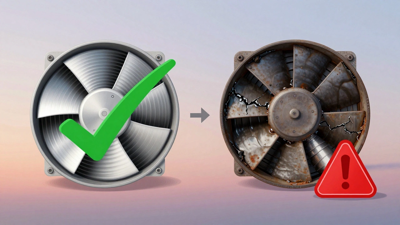 Split visual comparison of a clean extractor fan versus one ruined by grease and rust over time.