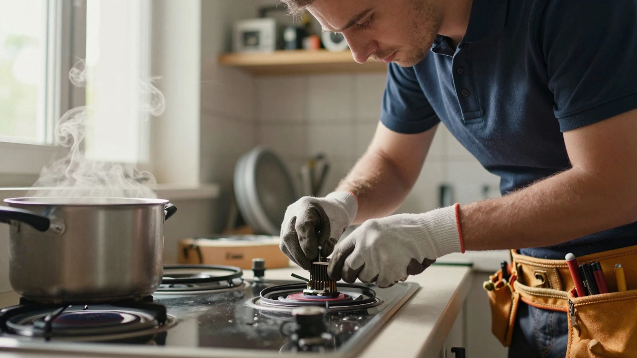Technician installing a new heating element in an electric hob with tools nearby