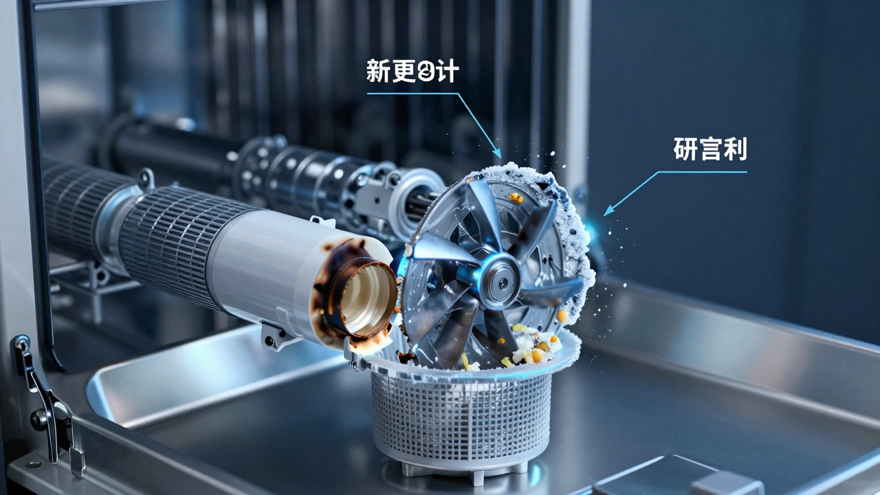 Transparent view of dishwasher internals showing clogged filter, broken heating element, and frozen pump.