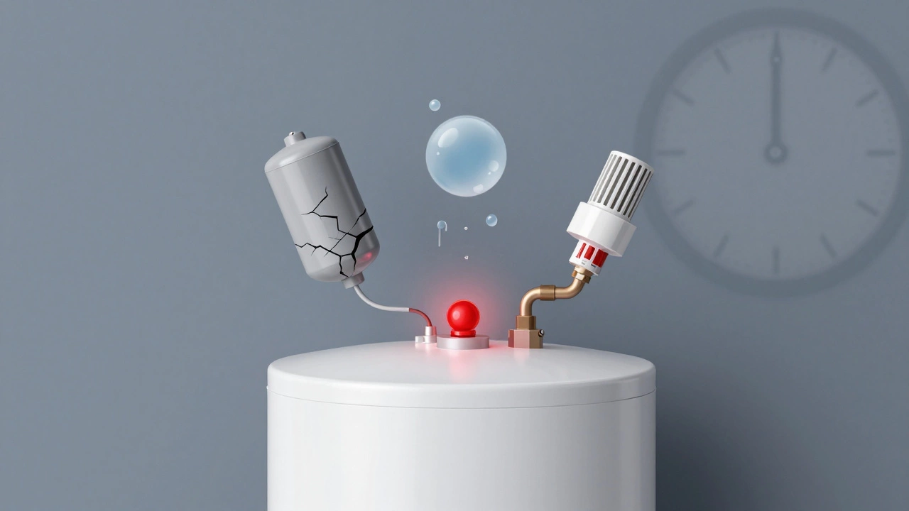 Water heater with floating danger symbols around a glowing reset button.