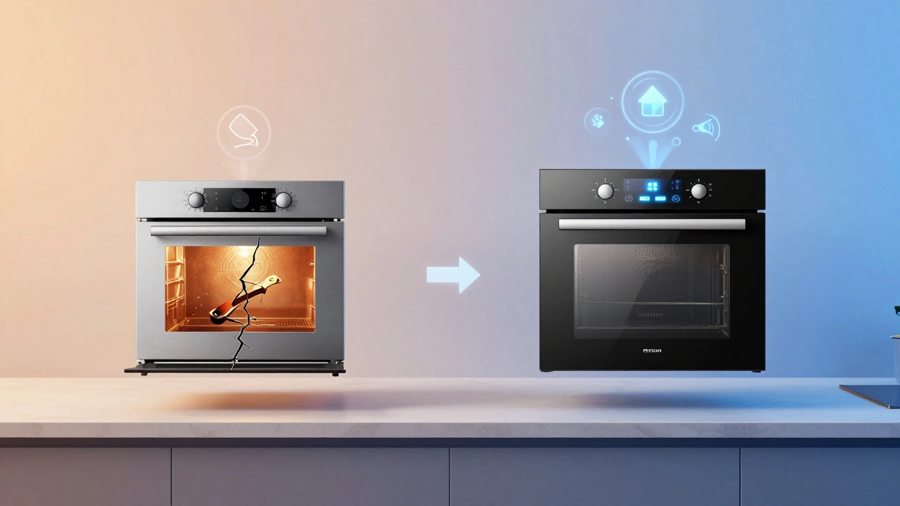 A balanced scale comparing a damaged oven with repair tools to a modern smart oven on a countertop.
