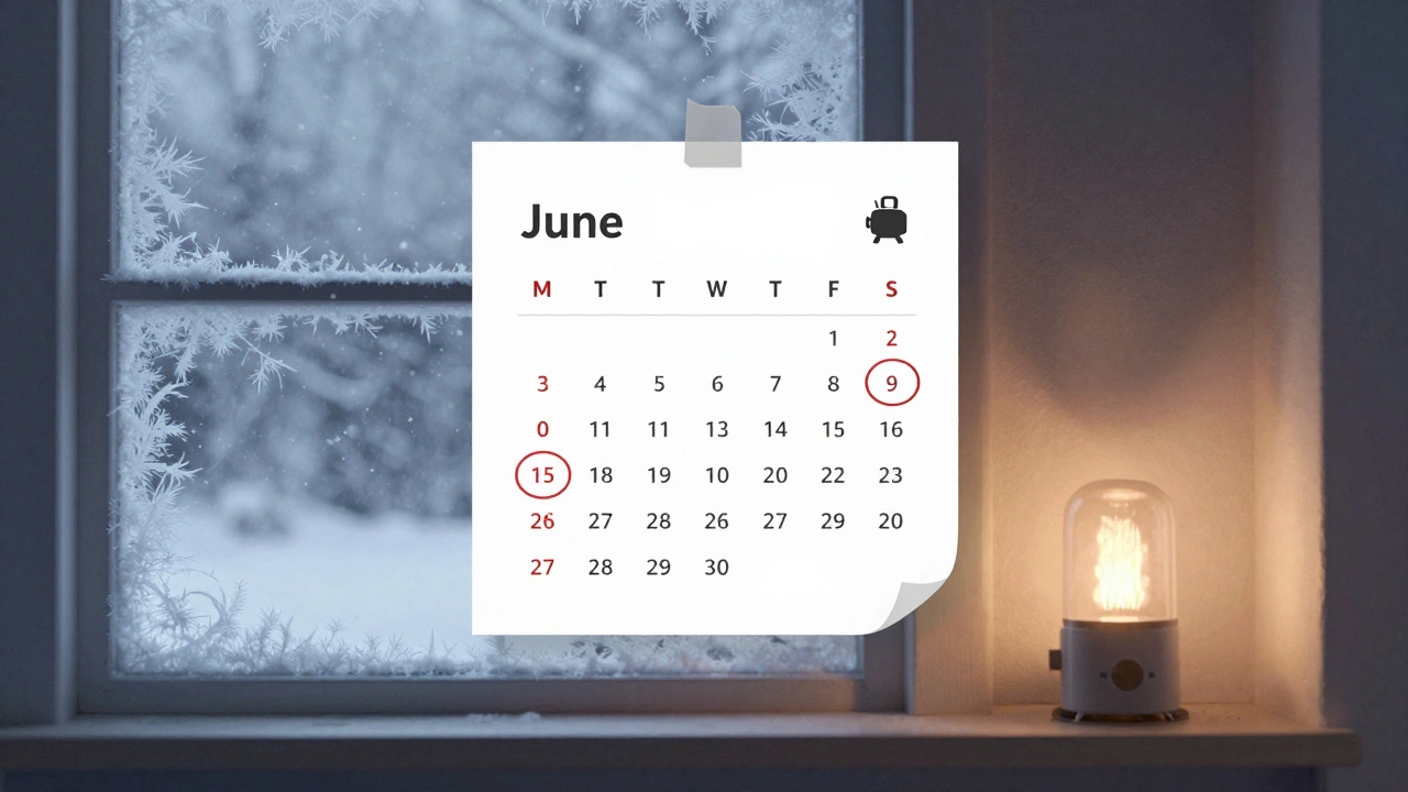 A calendar marked for annual boiler service, with a warm home and snowy winter window in background.