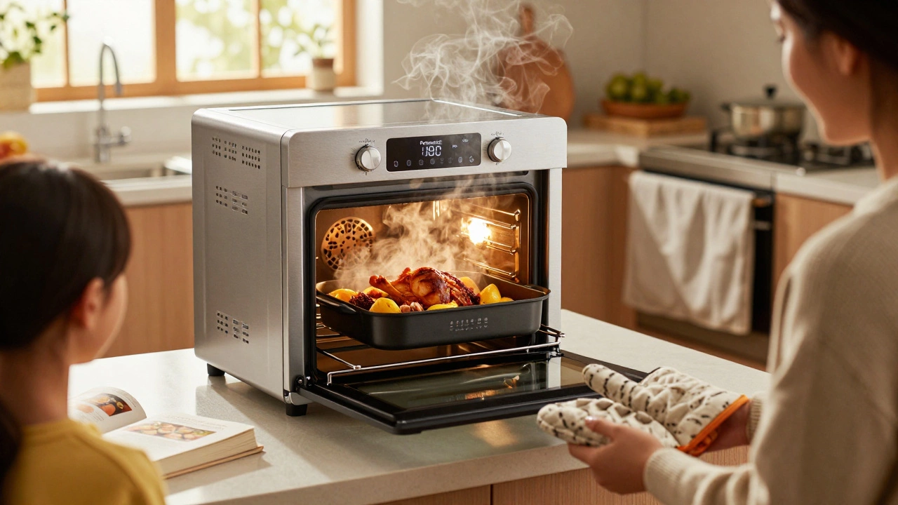 A family cooking a roast in a new energy-efficient oven with steam rising and sunlight streaming in.
