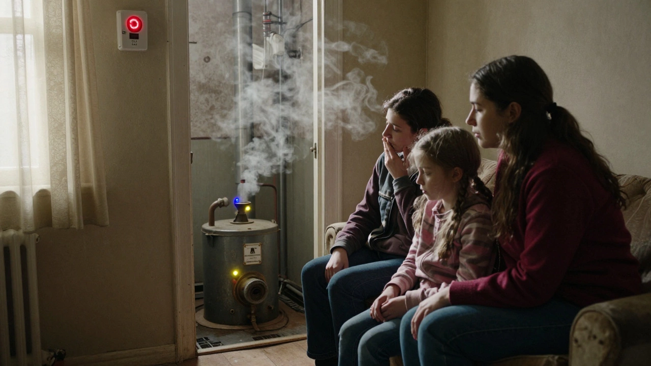 A family in a cold home, looking toward a flickering yellow pilot light from an old boiler, with a warning CO alarm blinking red.