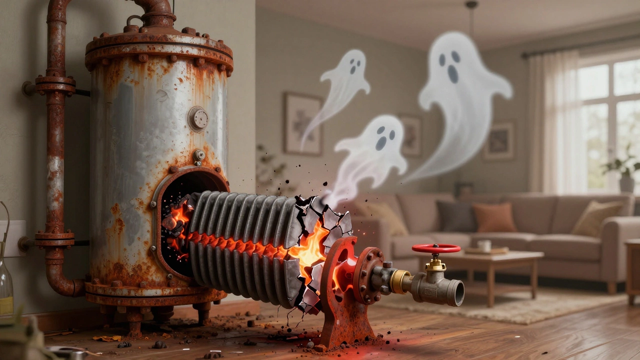 A symbolic image of an aging boiler as a ticking bomb, with rusted pipes and ghostly carbon monoxide drifting upward.