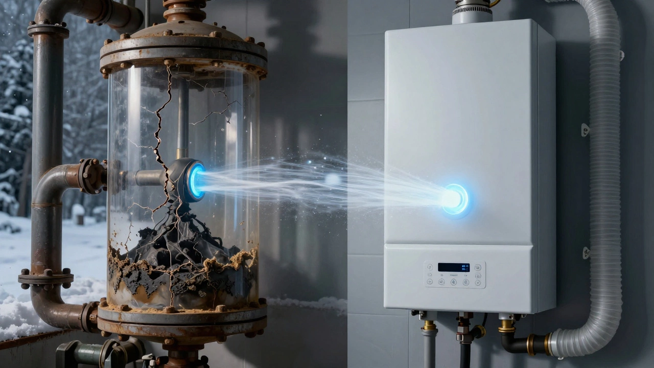 Contrast between old corroded boiler and modern clean boiler with insulated pipes