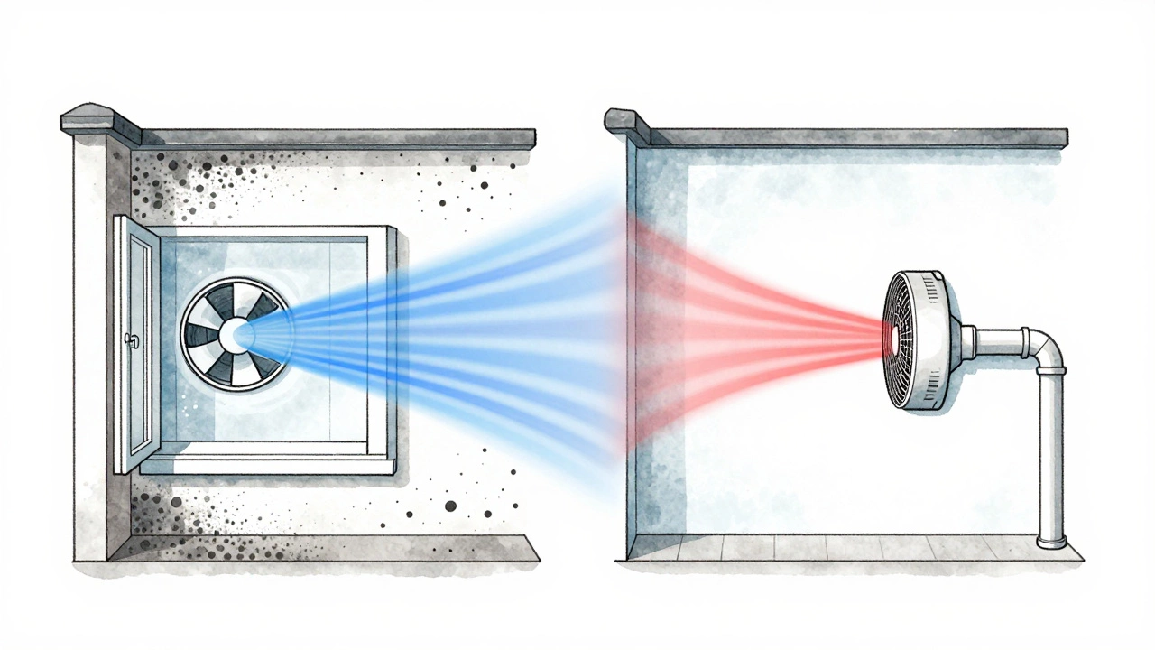Cross-section diagram showing moisture spreading with a ventilation fan versus being removed by an extractor fan.