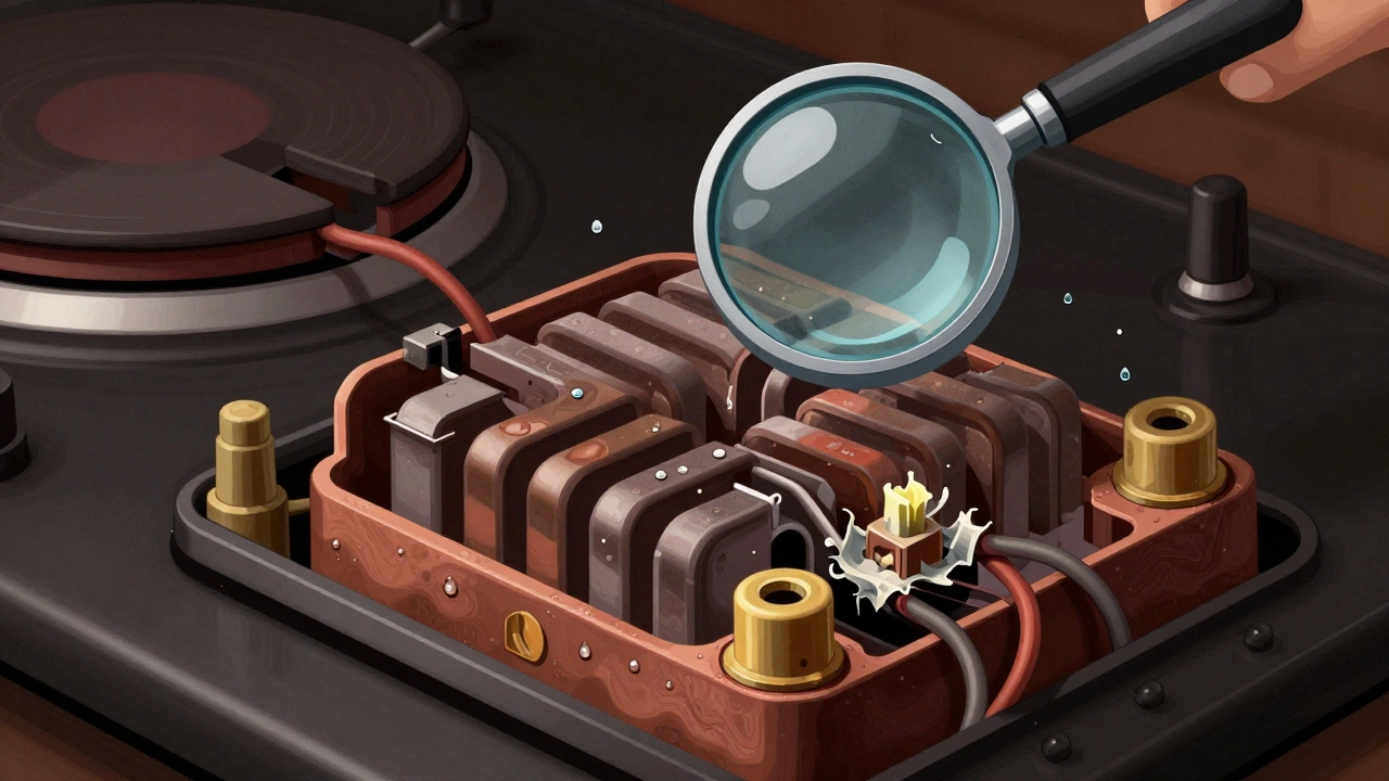 Cross-section of a stove's internal parts showing corroded wires and degraded sensors.