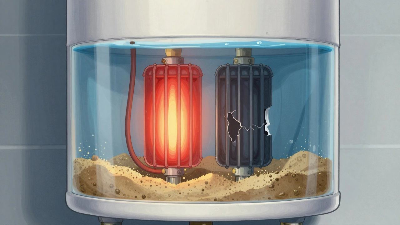 Cross-section of a water heater showing one working heating element and one failed, with sediment at the bottom.
