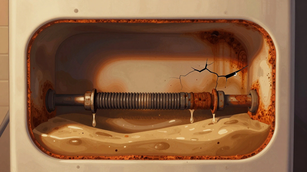 Cross-section of corroded water heater tank with sediment and cracks