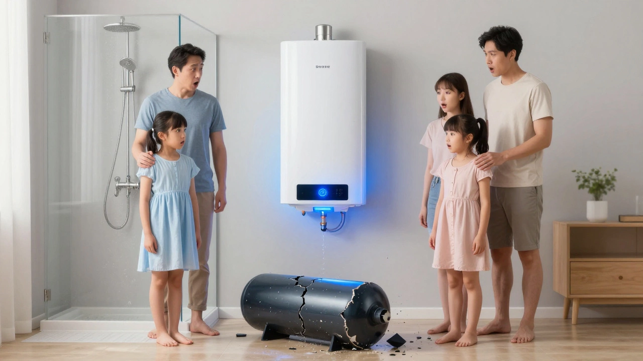Family in cold shower next to new energy-efficient water heater