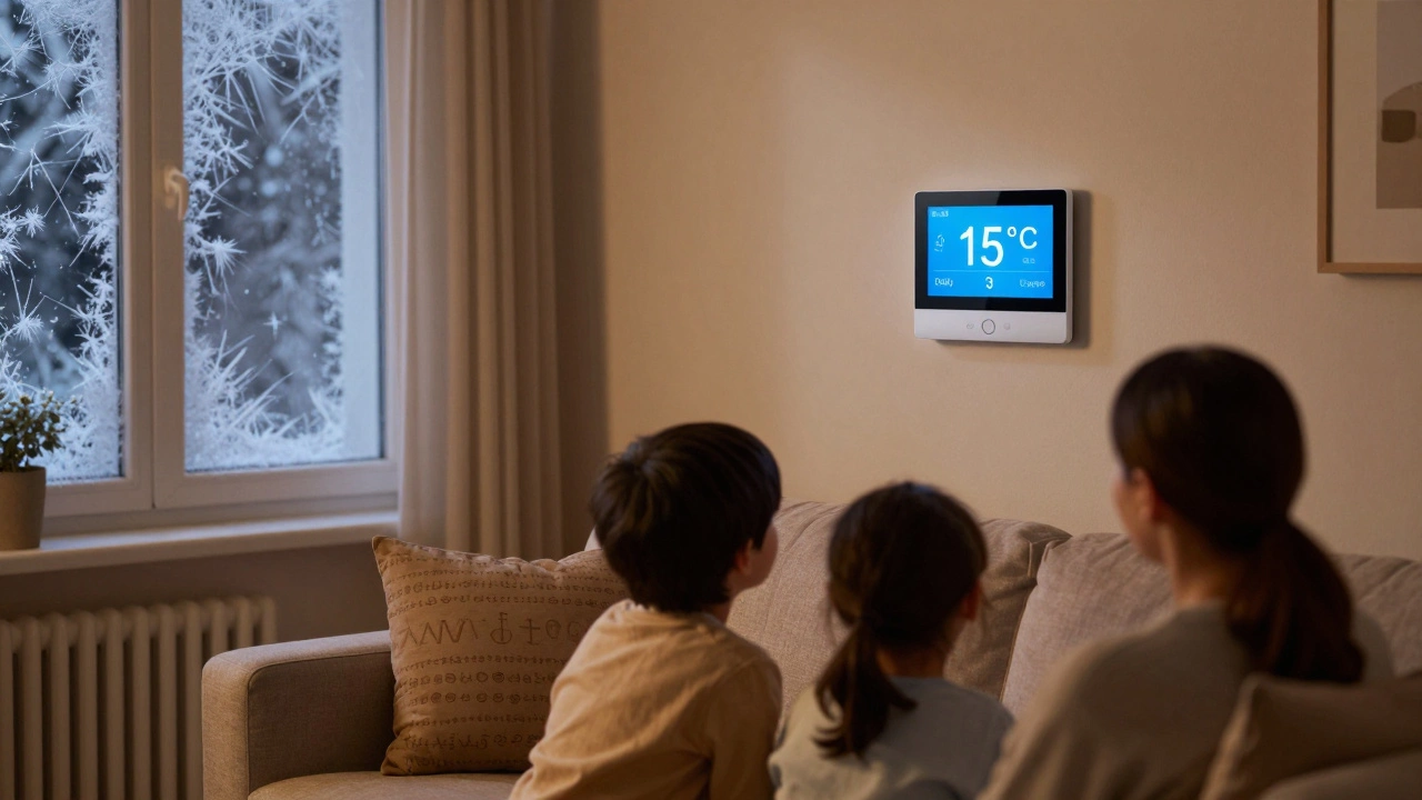 Family relaxing at night as smart thermostat lowers boiler temperature to 15°C